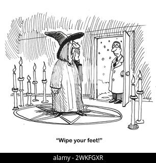 BW Cartoon eines Ehemannes, der im Regen nach Hause kommt. Seine Frau ist eine Hexe geworden und macht Hexerei, aber er muss sich immer noch die Füße abwischen. Stockfoto