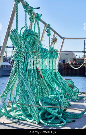 Grüne Linien hängen vom Geländer eines Fischerbootes, das an das Dock in einem Hafen gebunden ist. Stockfoto