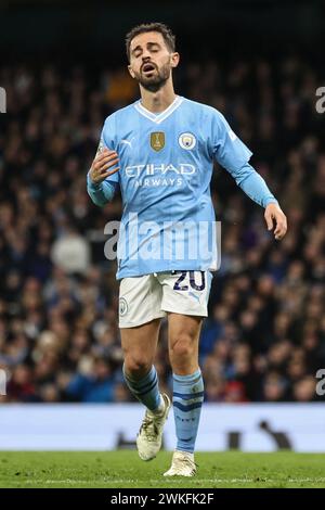 Bernardo Silva von Manchester City reagiert, nachdem er beim Premier League-Spiel Manchester City gegen Brentford im Etihad Stadium, Manchester, Großbritannien, am 20. Februar 2024 einen Kopfball verpasst hat (Foto: Mark Cosgrove/News Images) Stockfoto