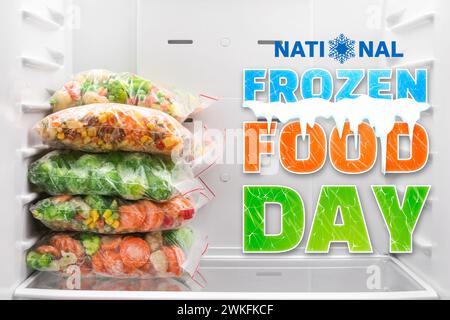 Banner für den National Frozen Food Day mit gefrorenem Gemüse im Kühlschrank Stockfoto