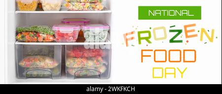 Banner für den National Frozen Food Day mit gefrorenem Gemüse im Kühlschrank Stockfoto