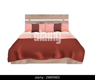 Hölzernes Kingsize-Bett mit Kissen und Bettbezug, Vektor Stock Vektor