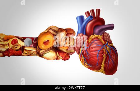 Ungesunde Ernährung Herzinfarkt als Junk Food oder und hoher Cholesterin-Fastfood, die hart die menschliche Herz-Kreislauf-Organ-Krankheit wie Atherosklerose treffen Stockfoto