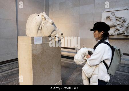 Ein Selene Pferd unter den Elgin Marbles, antike griechische Skulpturen aus dem Parthenon in Athen im British Museum in London, Großbritannien Stockfoto