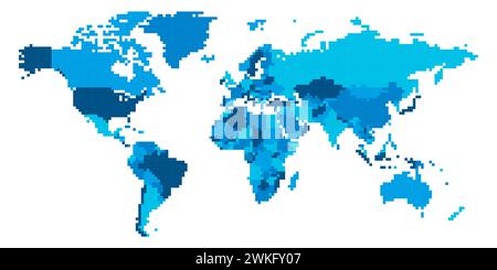 Pixelized Political World Map - Pixelmosaik von Quadraten. Vier Farbschemata in Blau. Vektorabbildung Stock Vektor