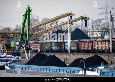 Rhein-Herne-Kanal, Bottrop-Hafen, gegenüber dem Essener Stadthafen, Kohleumschlag vom Frachtschiff zu Güterwagen, Hafen der Ruhr Oel GmbH Düsseldorf, Bott Stockfoto