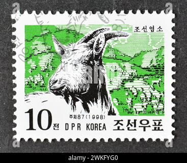 Nordkorea - um 1998 : Briefmarke mit abgebrochener Briefmarke, gedruckt von Nordkorea, die Hausziege (Capra aegagrus hircus) zeigt, um 1998. Stockfoto