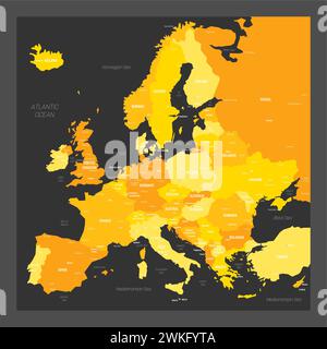 Politische Landkarte Europas. Blaue Vektorkarte mit Hauptstadt und wichtigen Städten europäischer Länder und Wasserkörpern rund um den Kontinent. Stock Vektor