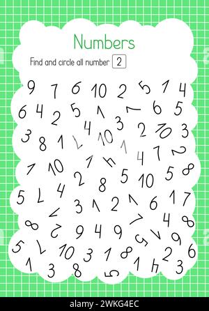Suchen und Kreisen Sie Nummer zwei einfache pädagogische Aktivität für Kinder, umreißen Sie handgezeichnete Vektor-Illustration, pädagogisches druckbares Arbeitsblatt, Lernkonzept für Freizeitaktivitäten, Lehrerressourcen Stock Vektor