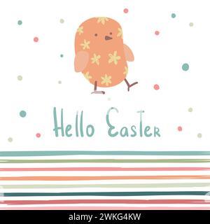 Happy Easter Postkarte Hintergrund Design. Traditionelle Weihnachtskarte mit süßem Huhn und Kawaii-Blumen im Frühling. Märchenfiguren für Kinder Stock Vektor