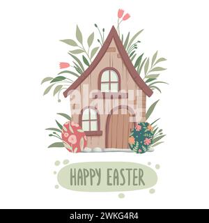 Happy Easter Cute House Sale Banner, Grußkarte, Poster, Weihnachtscover. Trendiges Design mit Typografie, handbemalten Pflanzen, Punkten, Eiern und Häschen Stock Vektor
