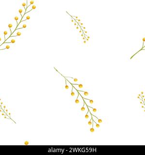 Abstraktes, gelbes Mimosa-Blüten-nahtloses Muster. Aquarellhintergrund mit handgezeichneter Illustration isoliert auf weiß für Kartendesign, Stoffdruck Stockfoto