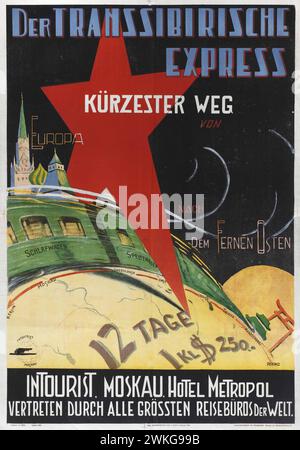 Vintage-Reiseplakat für den Transsibirischen Express-Zug von Intourist, der russischen Tourismusagentur 1930er (deutsche Version) Transsibirischer Express Stockfoto