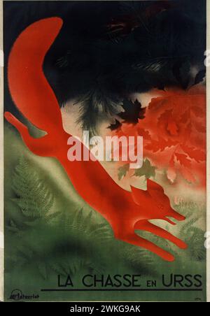 Vintage-Reiseplakat von Intourist, dem sowjetischen Tourismusbüro, das Jagd in der UdSSR zeigt Stockfoto