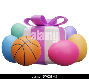 Basketball ostergeschenk. Abbildung des 3D-Renderings isoliert auf weißem Hintergrund. Stockfoto