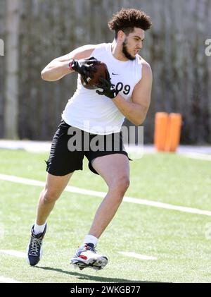 Metairie, USA. Februar 2024. Tight End Brennan Brown (Howard University) während des Allstate HBCU Legacy Bowl NFL Combine im New Orleans Saints Ochsner Sports Performance Center in Metairie, Louisiana am Montag, den 19. Februar 2024. (Foto: Peter G. Forest/SIPA USA) Credit: SIPA USA/Alamy Live News Stockfoto