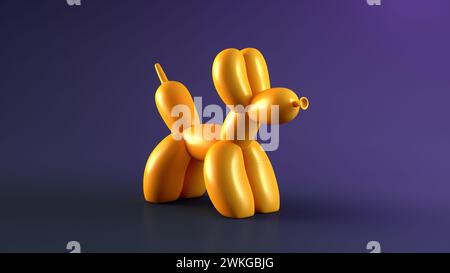 Orange Dog Ballon auf dunklem Purple Studio Hintergrund. Partykonzept. 3D-Rendering-Abbildung. Stockfoto