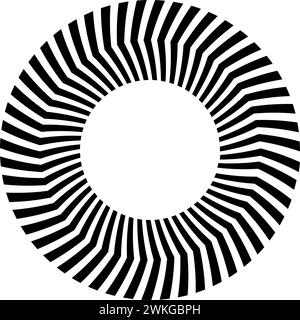 Chevron Pfeile Kreis. Rundes Ornament mit dreieckigen Streifen isoliert auf weißem Hintergrund. Gestreifte Ringform. Kreisförmige Spur mit Militär, Vorsicht, Bewegungszeichen. Illustration der Vektorabwicklung. Stock Vektor