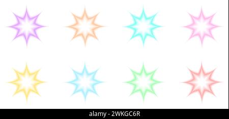 Set trendiger y2k-Aufkleber mit Farbverlauf-Aura-Effekt. Sammlung von bunten Stern-, Glitzer- und funkelnden Formen in holografischem, verschwommenem Stil isoliert auf weißem Hintergrund. Vektorabbildung Stock Vektor