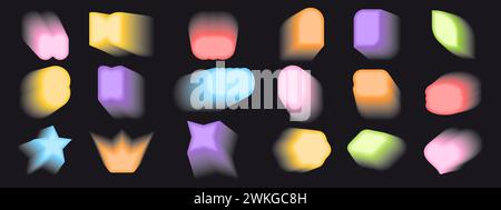 Set aus y2k-Formen mit Aura-Verlaufseffekt. Abstrakte Figuren, Stern, Kreis, Krone, Blume, Blütenblatt-Symbole in trendigem, unscharfen holografischem Stil isoliert auf schwarzem Hintergrund. Vektorabbildung. Stock Vektor
