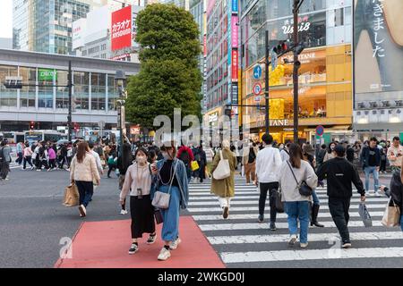 Shibuya City, weltberühmte Shibuya-Kreuzfahrt, Pelikanüberquerung, früher Abend, Menschenmassen auf der Straße, Tokio, Japan, Asien, 2023 Stockfoto