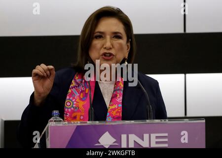 Mexiko-Stadt, Mexiko. Februar 2024. 20. Februar 2024, Mexiko-Stadt: Xochitl Galvez Ruiz spricht während ihrer Registrierung als mexikanische Präsidentschaftskandidatin beim National Institute Electoral. Am 20. Februar 2024 in Mexiko-Stadt, Mexiko (Foto: Luis Barron/Eyepix Group/SIPA USA) Credit: SIPA USA/Alamy Live News Stockfoto