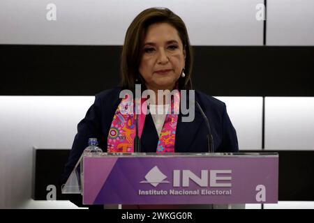 Mexiko-Stadt, Mexiko. Februar 2024. Xochitl Galvez Ruiz spricht während ihrer Registrierung als mexikanische Präsidentschaftskandidatin beim National Institute Electoral. Am 20. Februar 2024 in Mexiko-Stadt, Mexiko (Credit Image: © Luis Barron/eyepix via ZUMA Press Wire) NUR REDAKTIONELLE VERWENDUNG! Nicht für kommerzielle ZWECKE! Stockfoto