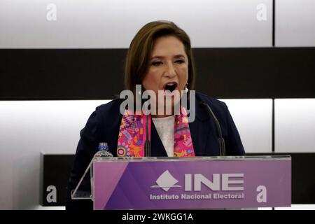 Mexiko-Stadt, Mexiko. Februar 2024. Xochitl Galvez Ruiz spricht während ihrer Registrierung als mexikanische Präsidentschaftskandidatin beim National Institute Electoral. Am 20. Februar 2024 in Mexiko-Stadt, Mexiko (Credit Image: © Luis Barron/eyepix via ZUMA Press Wire) NUR REDAKTIONELLE VERWENDUNG! Nicht für kommerzielle ZWECKE! Stockfoto