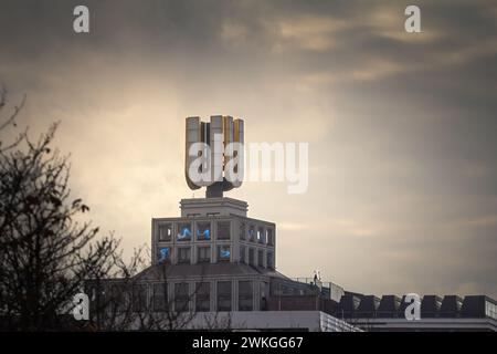 Abbildung des Hauptzeichens der Dortmunder U. der U-Tower oder die Dortmunder U ist ein ehemaliges Brauereigebäude in der Stadt Dortmund. Seit 2010 Stockfoto