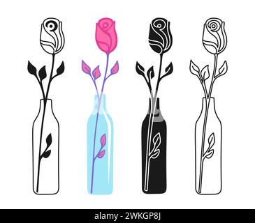 Blume Rose Zeichentricksymbol und Kritzelung, Stempelstilisiertes Set. Romantische Rose einfaches Design-Zeichen für Grußkarte, Einladung, Banner, Tattoo. Abstrakte handgezeichnete Vektor-Valentinskarte zum Muttertag Stock Vektor
