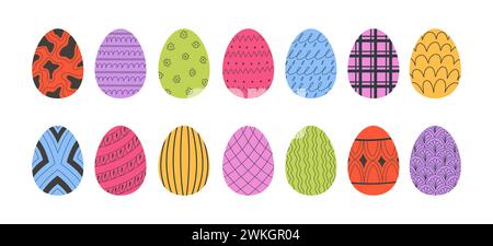 Farbenfrohe Ostereier im Kritzelstil. Happy easter Hand gezeichnete Vektor-Illustration. Verschiedene Designs und Muster von Festeiern. Stock Vektor
