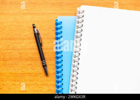 Sammlung von zwei geschlossenen Notizbüchern und Stift auf einem Holztisch angeordnet. Stockfoto