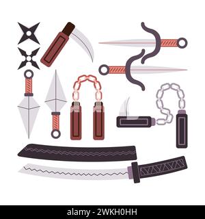 Set Ninja Waffe Katana Schwert Messer Sai Nunchaku Shuriken kusarigama Kampfausrüstung Stock Vektor