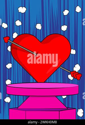 Comic Book Produkt Podium Bühne für Mockup Präsentation mit Arrow Heart. Retro-Comics Valentinstag-Symbol Hintergrund. Stock Vektor
