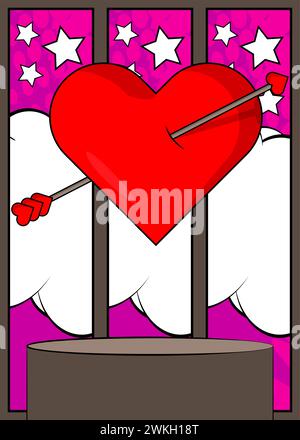 Comic Book Produkt Podium Bühne für Mockup Präsentation mit Arrow Heart. Retro-Comics Valentinstag-Symbol Hintergrund. Stock Vektor