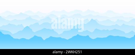 Silhouetten der Bergkette bei Sonnenuntergang oder Sonnenaufgang. Rosafarbener Morgen Panoramablick auf die Landschaft. Bergkämme Hintergrund. Blaue Gipfel und Hügel mit Nebel oder Nebel. Vektorlandschaft Geländeillustration Stock Vektor