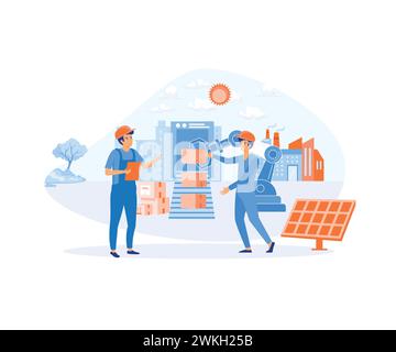 Techniker arbeiten mit interaktiver Schnittstelle. Intelligente Industrie, innovative Fertigung. Moderne Illustration des flachen Vektors Stock Vektor