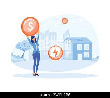 Frau überprüft Heizungszähler und berechnet die Stromrechnung. Moderne Illustration des flachen Vektors Stock Vektor