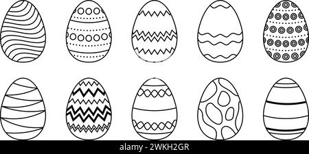 Ostereierset. Lineare Eiersymbole mit verschiedenen Mustern. Oster-Illustration im Doodle-Stil für Karte, Einladung, Druck, Aufkleber, Banner, Poster. Vektor-Schwarzweiß-Bündel Stock Vektor