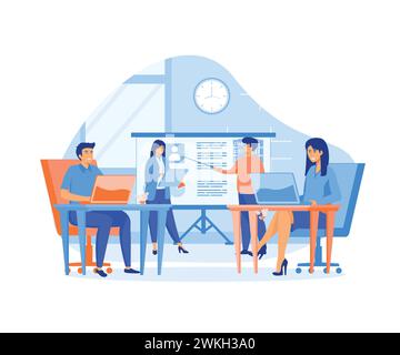 Leute, die im Büro arbeiten. Teamprojekt, Brainstorming, Teamarbeit während der Quarantäne. Moderne Illustration des flachen Vektors Stock Vektor