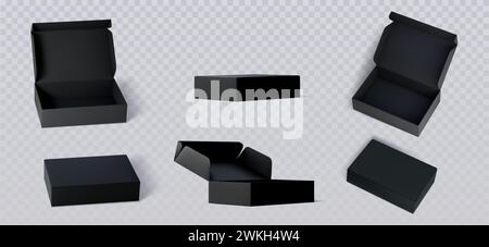 Schwarze Pappschachtel Mockups, isoliert auf transparentem Hintergrund. Vektor realistische Illustration von offenen und geschlossenen 3D-Kartonverpackungen für Schuhe, Postzustellung, Geschenkpaketverpackung leere Oberfläche Stock Vektor