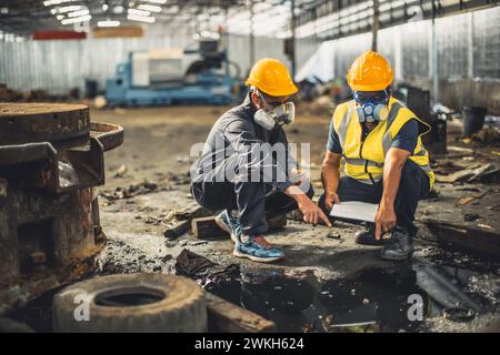 Sicherheitsteam für giftige chemische Gase Arbeiten Reinigung in Gefahrenfabrik Werkstattumgebung Verunreinigungssicherheit und -Schutz Stockfoto