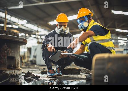 Sicherheitsteam für giftige chemische Gase Arbeiten Reinigung in Gefahrenfabrik Werkstattumgebung Verunreinigungssicherheit und -Schutz Stockfoto