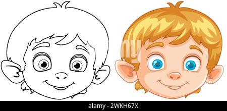 Schwarz-weiß-Skizze neben farbiger Illustration des Jungen. Stock Vektor