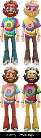 Vier Vektorfiguren in lebendiger 70er-Kleidung. Stock Vektor