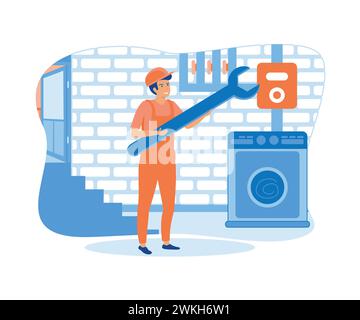 Austausch und Installation von Fenstern und Türen, Glasbruch, Fliegengitter, Einstellung einer abstrakten Metapher des Auftragnehmers. Moderne Illustration des flachen Vektors Stock Vektor