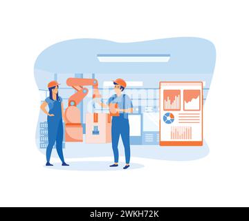 Smart Factory und Mitarbeiter, die drahtlose Technologie zur Steuerung verwenden. Moderne Illustration des flachen Vektors Stock Vektor