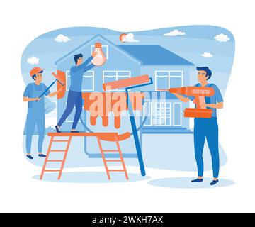 Personal für Hausrenovierung. Das Team des Reparaturarbeiters baut ein Haus auf. Malerei, Elektrik, Fertigstellung, Baumeister machen Wohnungsreparaturen. Flacher Vektor moderne Illus Stock Vektor