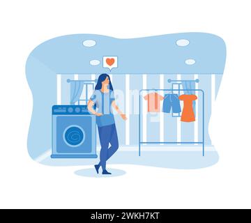 Weibliche Hotelangestellte, Wäschereiservice, Zimmermädchen, die Gästekleidung bügeln. Moderne Illustration des flachen Vektors Stock Vektor