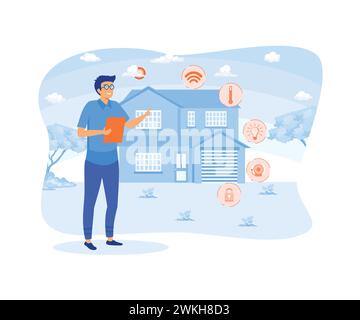 Smart-Home-Konzept. Zuhause mit kognitiver Intelligenz, Indoor-Infrastruktur, intelligenter Wohnumgebung. Moderne Illustration des flachen Vektors Stock Vektor